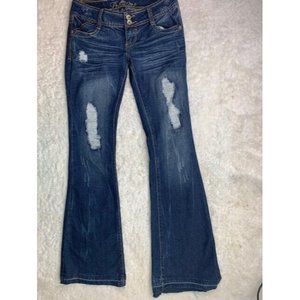 Premiere Size 1/2 Womens Boot Jeans Stretch Dark wash Raw Hem Distress L…